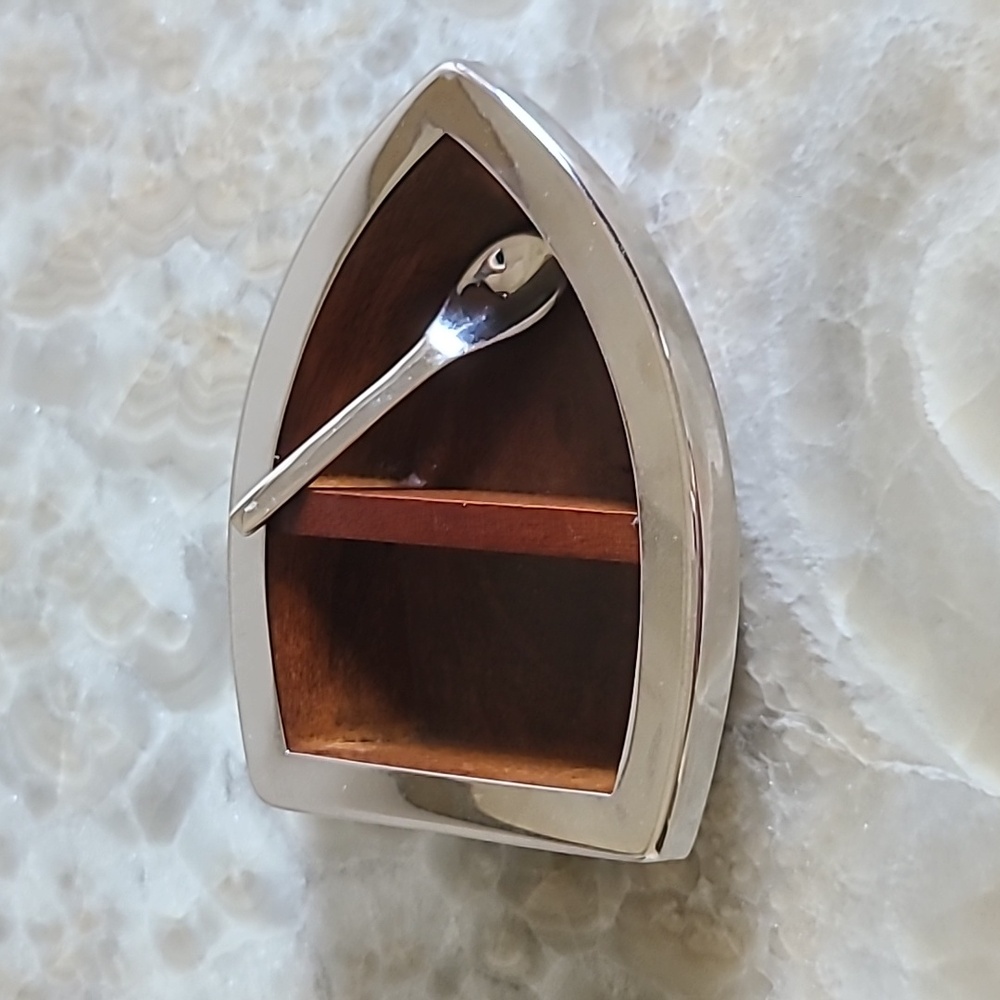 Silver and Brown Elegant Wooden and Metal Boat-Shaped Spice Dish with Spoon
